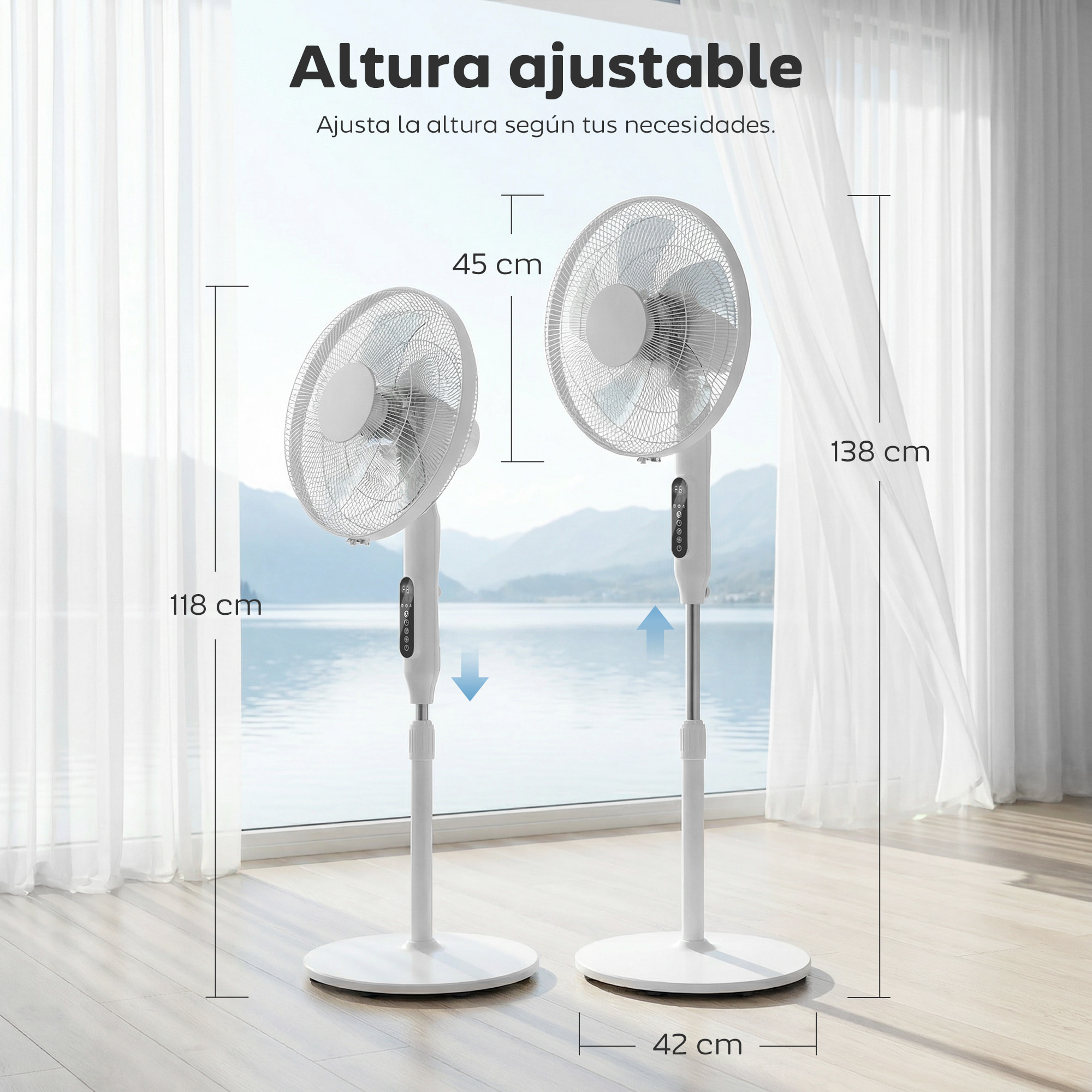 Ventilador de Pie con Control Remoto y Función Wifi, Ventilador de Pedestal Silencioso con Altura Ajustable, 3 Velocidades, 3 Modos, Oscilación 85°, Temporizador 15H y Pantalla LED, 50W, Blanco