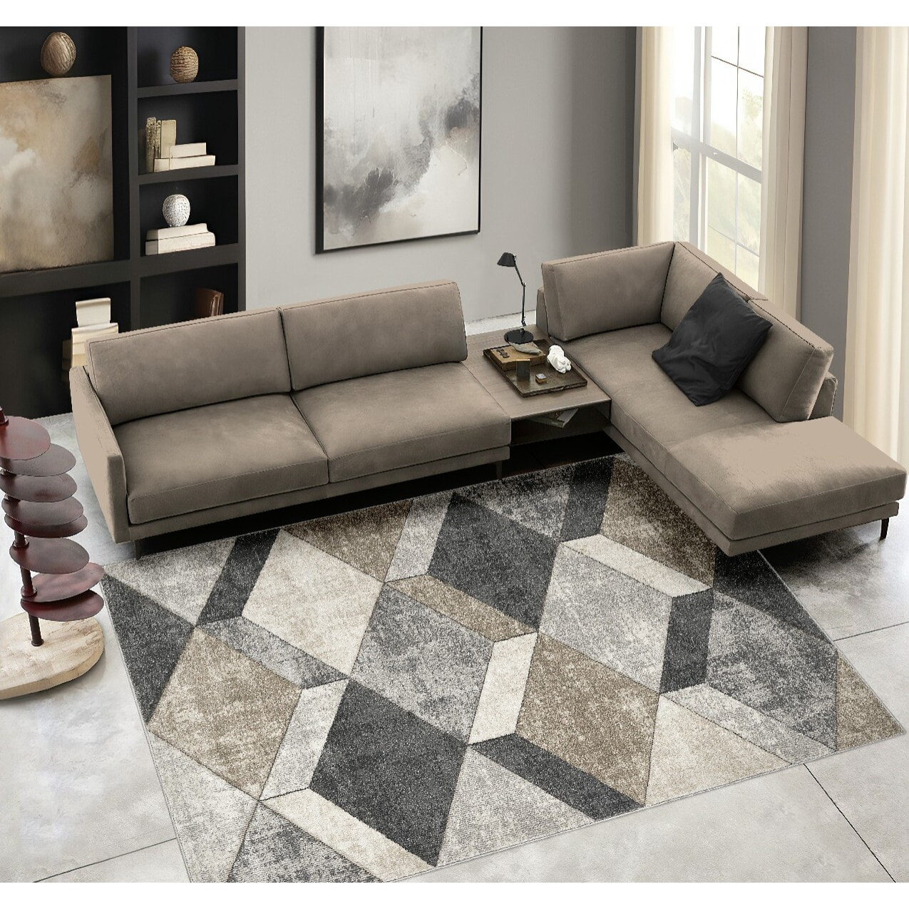 Tappeto Salotto Moderno Geometrico Grigio-Beige