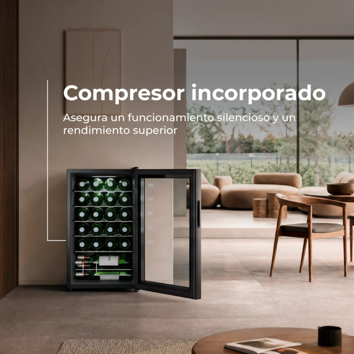 Vinoteca EVVO VT24, capacidad 24 botellas, compresor, 12ºC regulable, auto-defrost, 45 dB, 5 baldas, diseño compacto