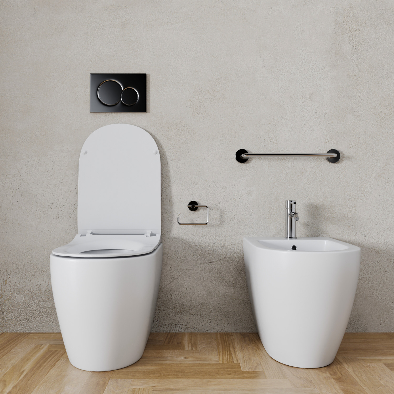 Coppia Sanitari Filomuro Filo Muro Filo Parete Vaso WC E Bidet Design Moderno In Ceramica Con Copriwater Chiusura Soft Close Rallentata Bianco Opaco