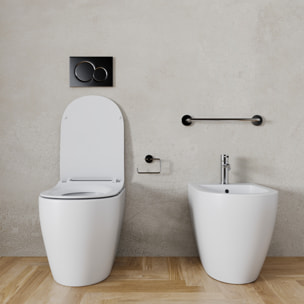 Coppia Sanitari Filomuro Filo Muro Filo Parete Vaso WC E Bidet Design Moderno In Ceramica Con Copriwater Chiusura Soft Close Rallentata Bianco Opaco