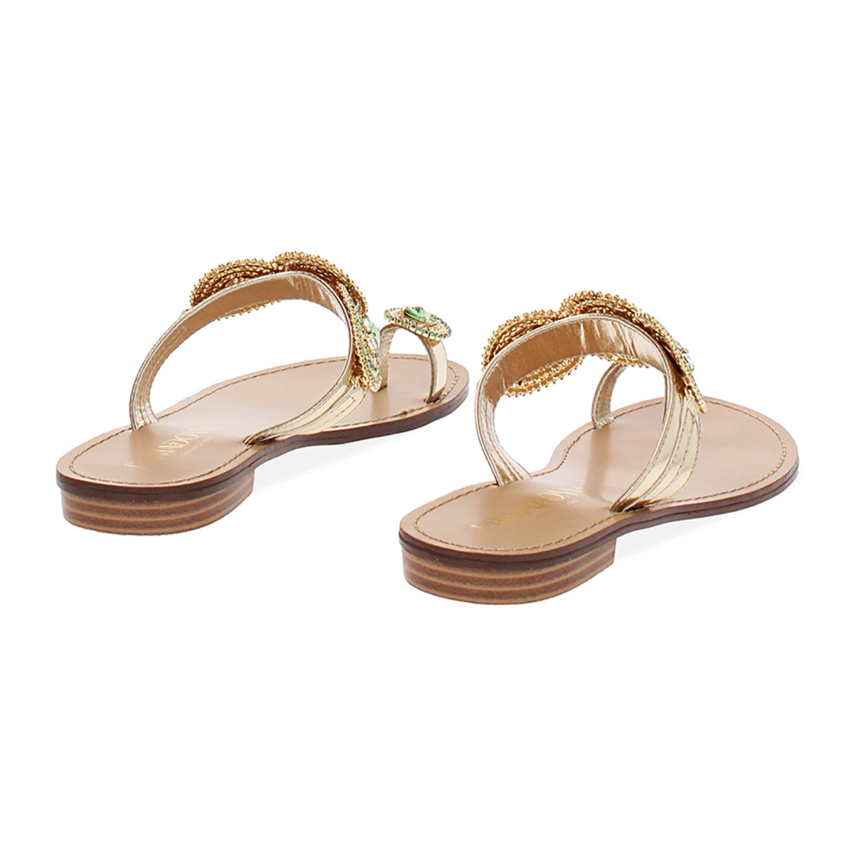 Sandali bassi donna oro con pietre verdi in laminato