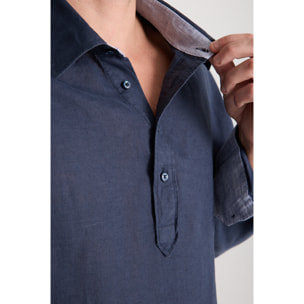camicia uomo 1 bottone button down slim Popeline Stretch Unito Blu