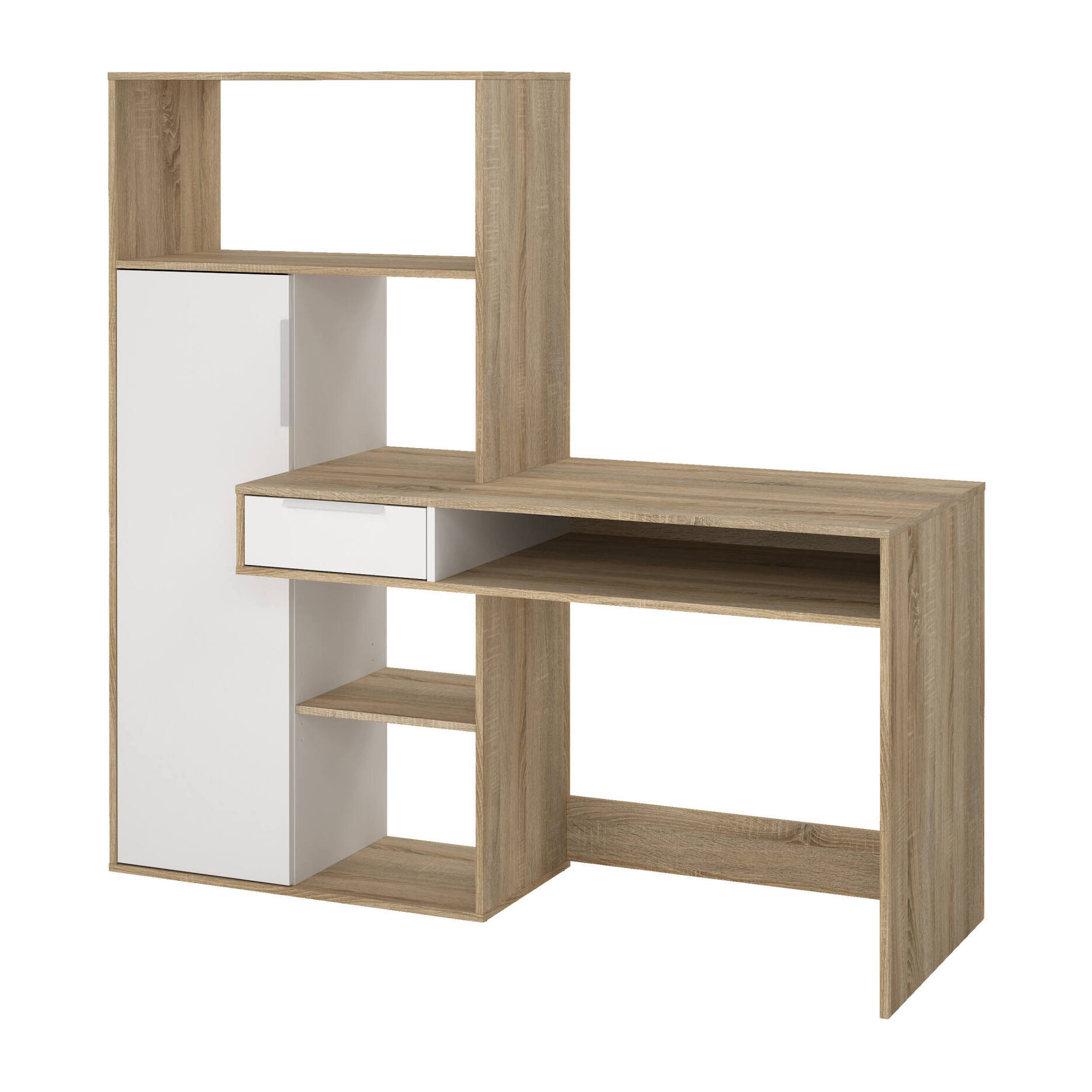 Scrivania Annalou, Scrittoio multiuso, Tavolo per ufficio porta PC, Piano di lavoro, 163x60 h155 cm, Quercia e Bianco