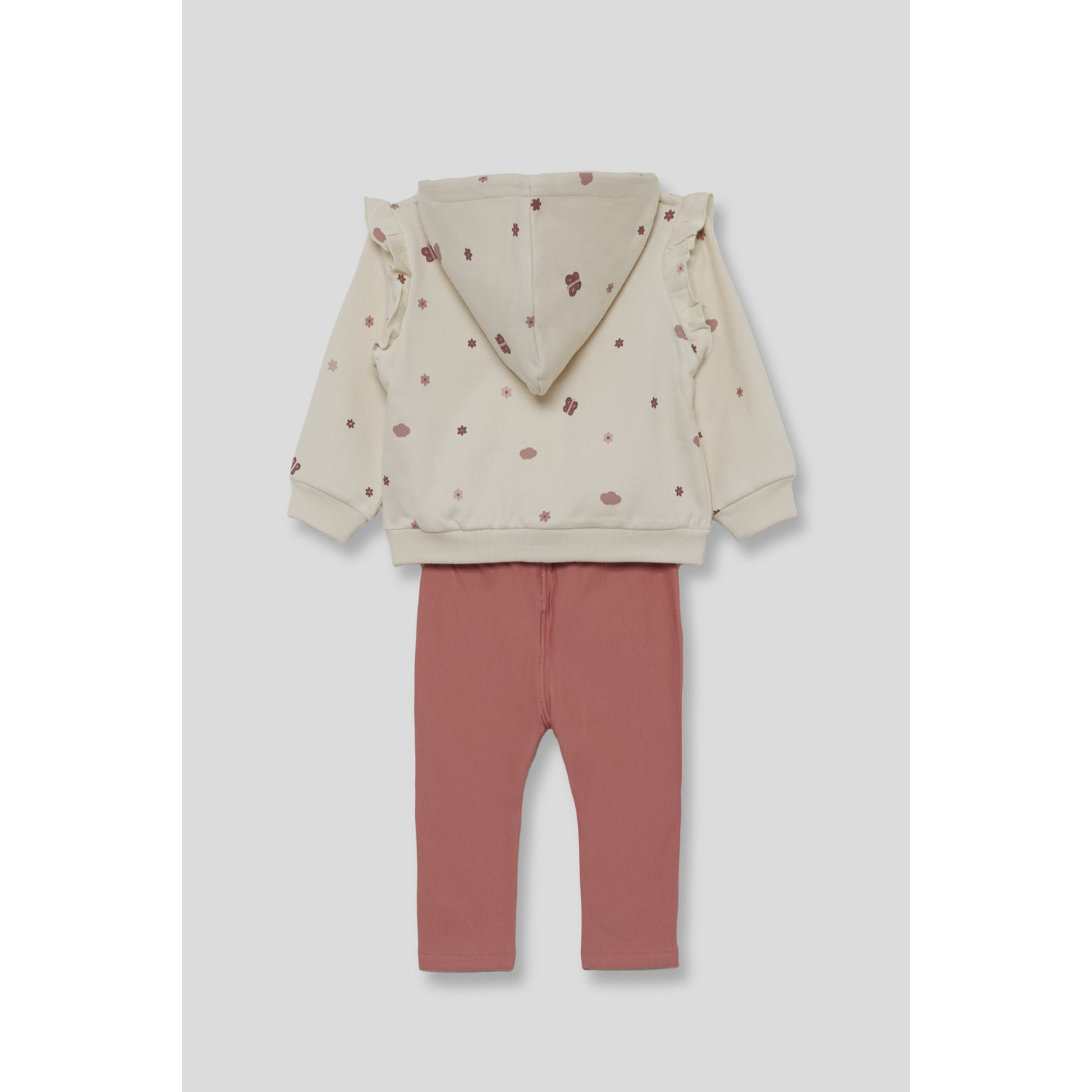Conjunto niña sudadera con capucha y leggings, estampado floral con mariposas y volante en hombros | Color: Crudo | Street Monkey