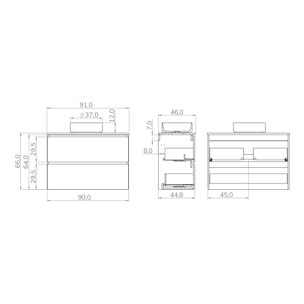 CONJUNTO DE BAÑO GLOOM | MUEBLE DE BAÑO SUSPENDIDO | 90 CM NATURE| DOS CAJONES | LAVABO SOBRE ENCIMERA | MUEBLE MONTADO | ALDAY