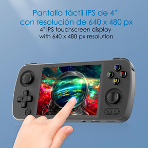 DAM Consola emulador multiplataforma RG405M. Pantalla táctil 4" IPS; Android 12, Octa-Core 2,0GHz, WiFi, 128GB. +3000 juegos. 16,3x7,6x1,6 Cm. Color: Negro