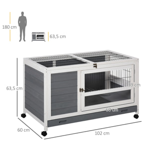 Clapier à lapin sur roulettes cage à lapin 2 niv. 2 portes verrouillables toit ouvrant plateau coulissant rampe bois gris blanc