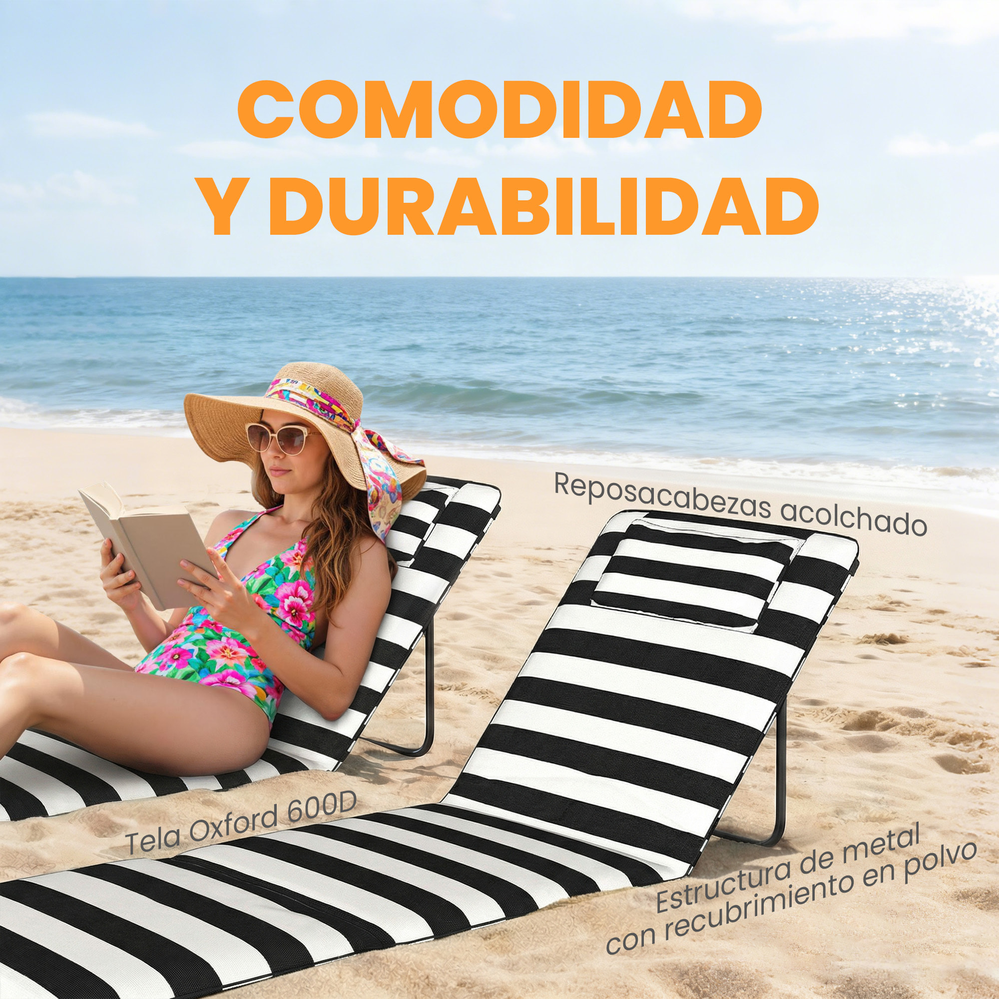 Conjunto de 2 Esterillas de Playa Plegable, Esteras Portátil con Respaldo Ajustable, Reposacabezas Acolchado Tela Oxford 600D y Estructura de Metal, para Jardín, 150x50x2 cm, Gris y Blanco