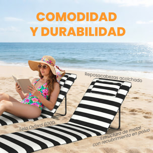 Conjunto de 2 Esterillas de Playa Plegable, Esteras Portátil con Respaldo Ajustable, Reposacabezas Acolchado Tela Oxford 600D y Estructura de Metal, para Jardín, 150x50x2 cm, Gris y Blanco