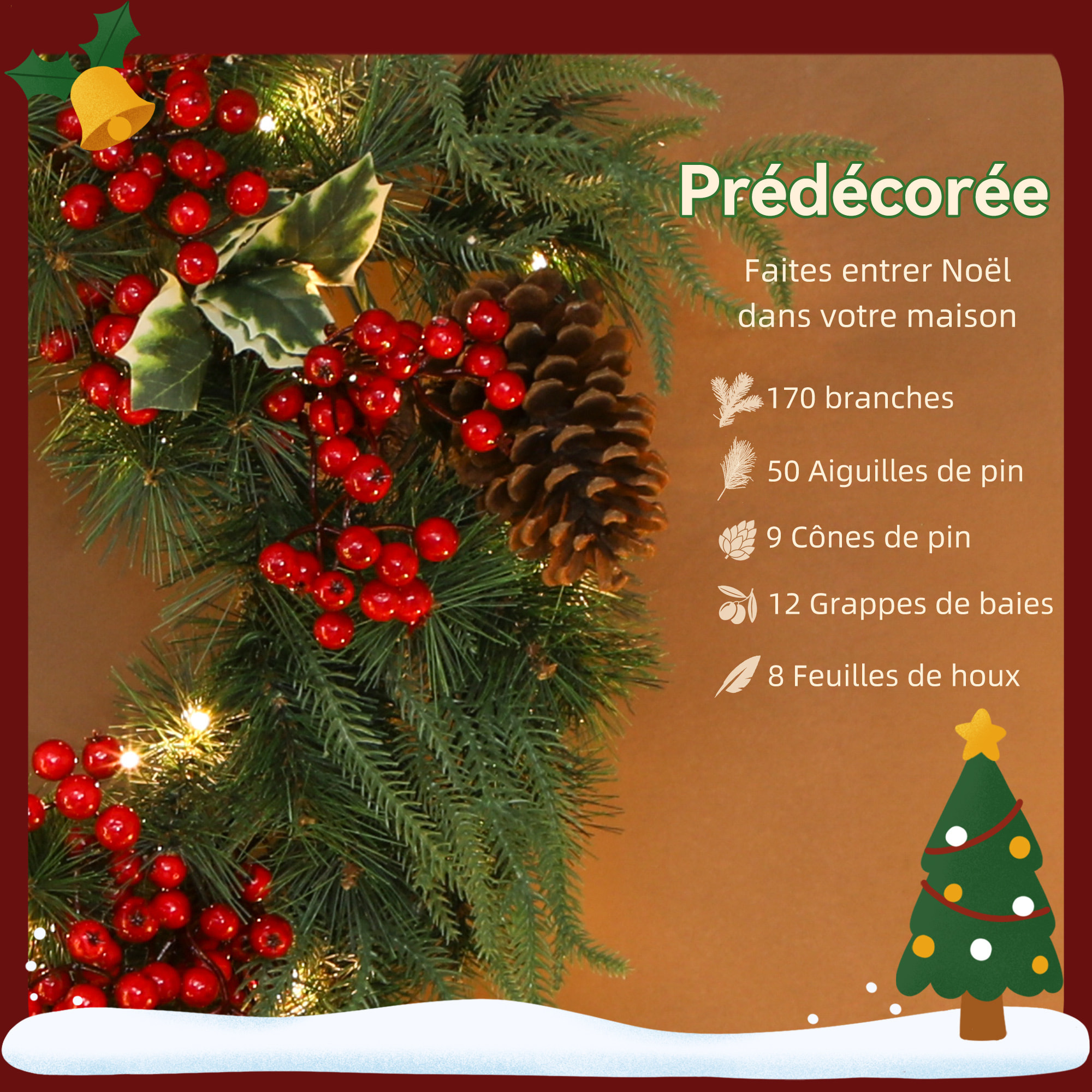 Couronne de Noël LED x 35 blanc chaud dia. 60 cm timer pommes de pin baies rouges feuilles houx