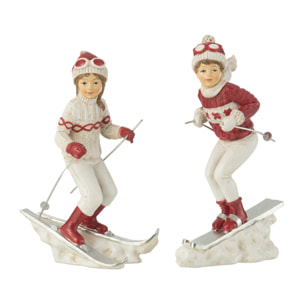 J-Line figurine Fille Et Garçon Ski -- polyrésine - blanc/rouge - 2 pcs