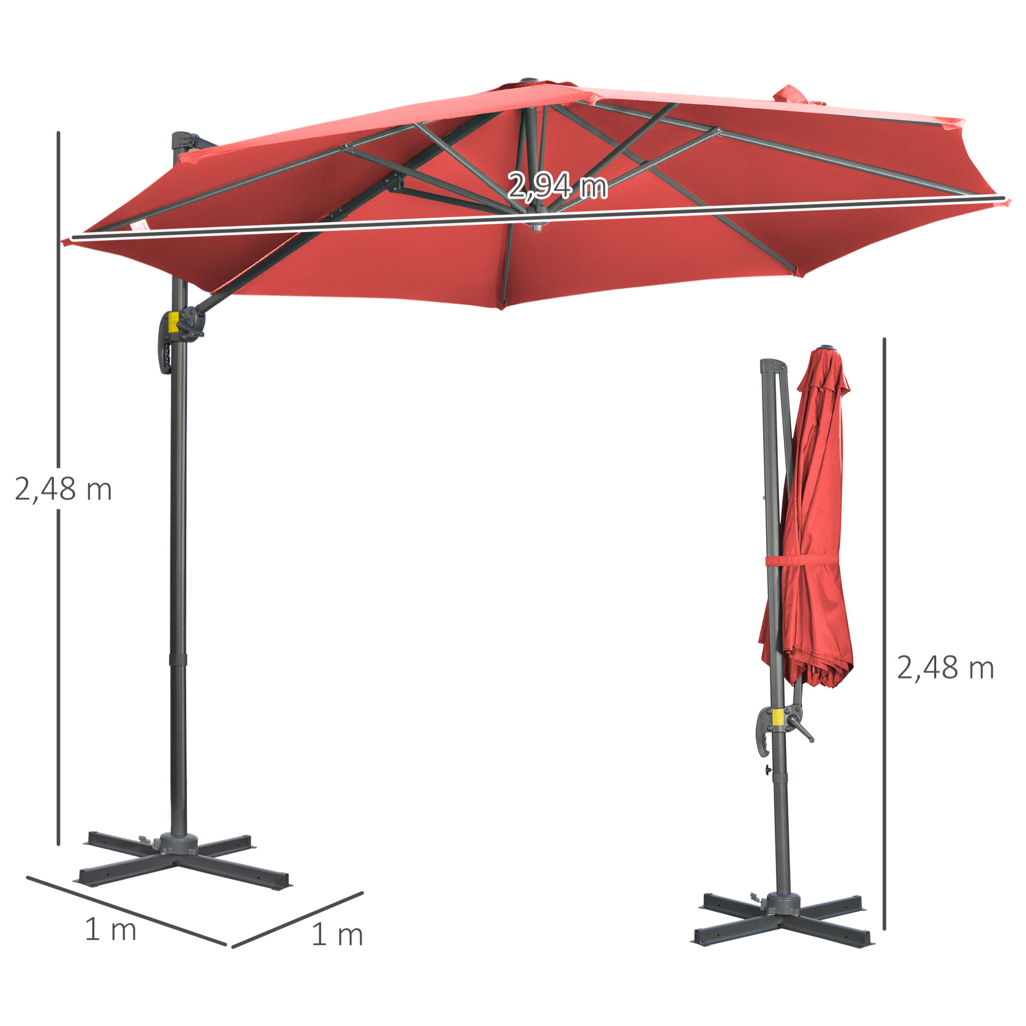 Parasol déporté octogonal inclinable manivelle avec pied en acier Ø 2,94 x 2,48H m rouge