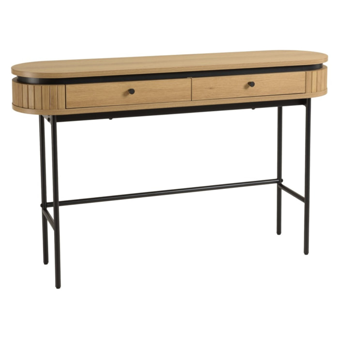ETHAN - Console arrondie couleur naturelle 2 tiroirs pieds métal noir