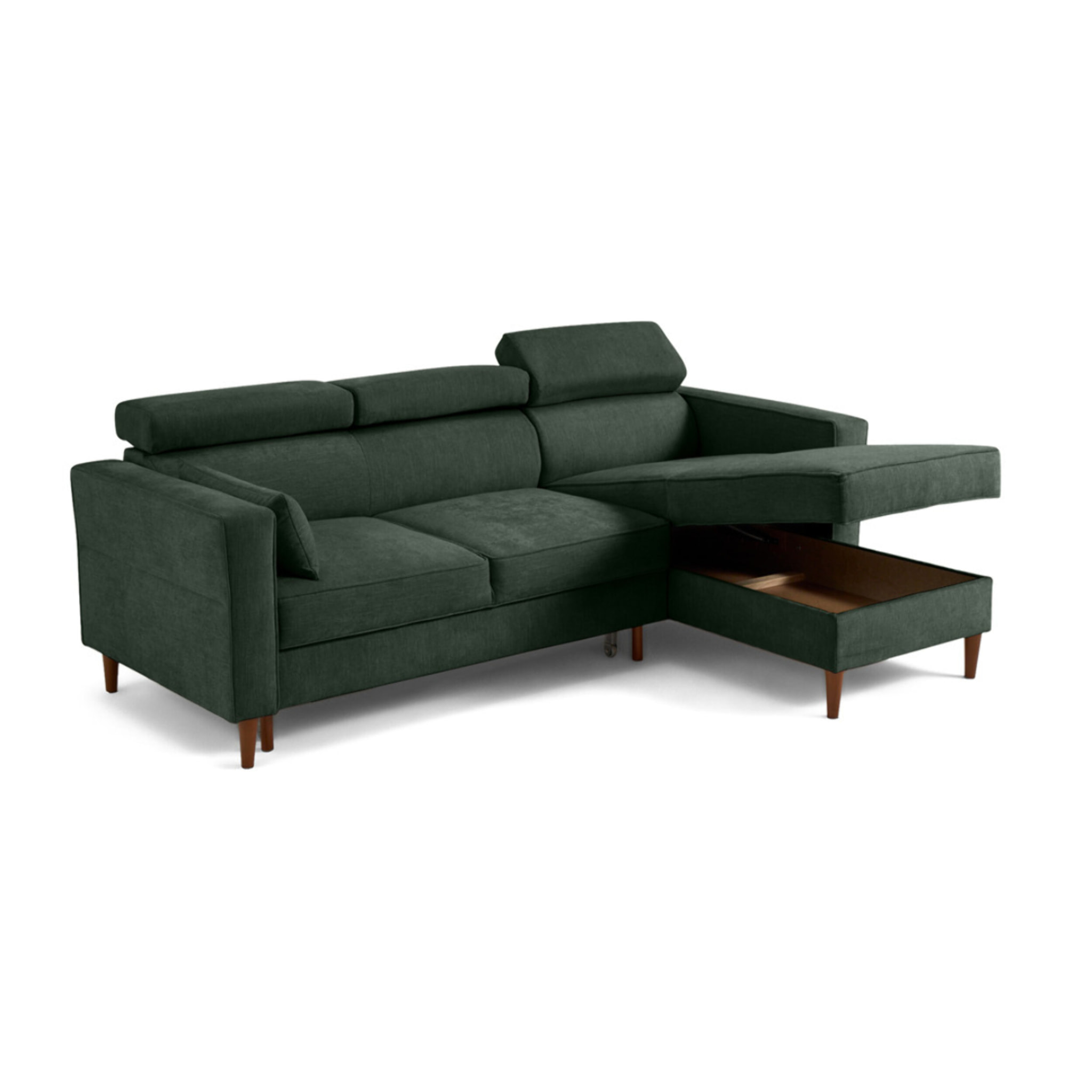 Alicante - canapé d'angle réversible convertible avec têtières - coffre - 4 places - en tissu texturé - Vert