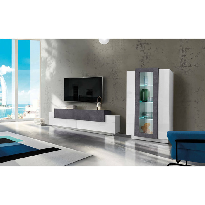 Parete attrezzata da soggiorno modulare, Made in Italy, con luce LED bianca, Base porta TV e vetrina, Set salotto moderno, cm 290x45h121, colore Bianco lucido e Grigio Cenere