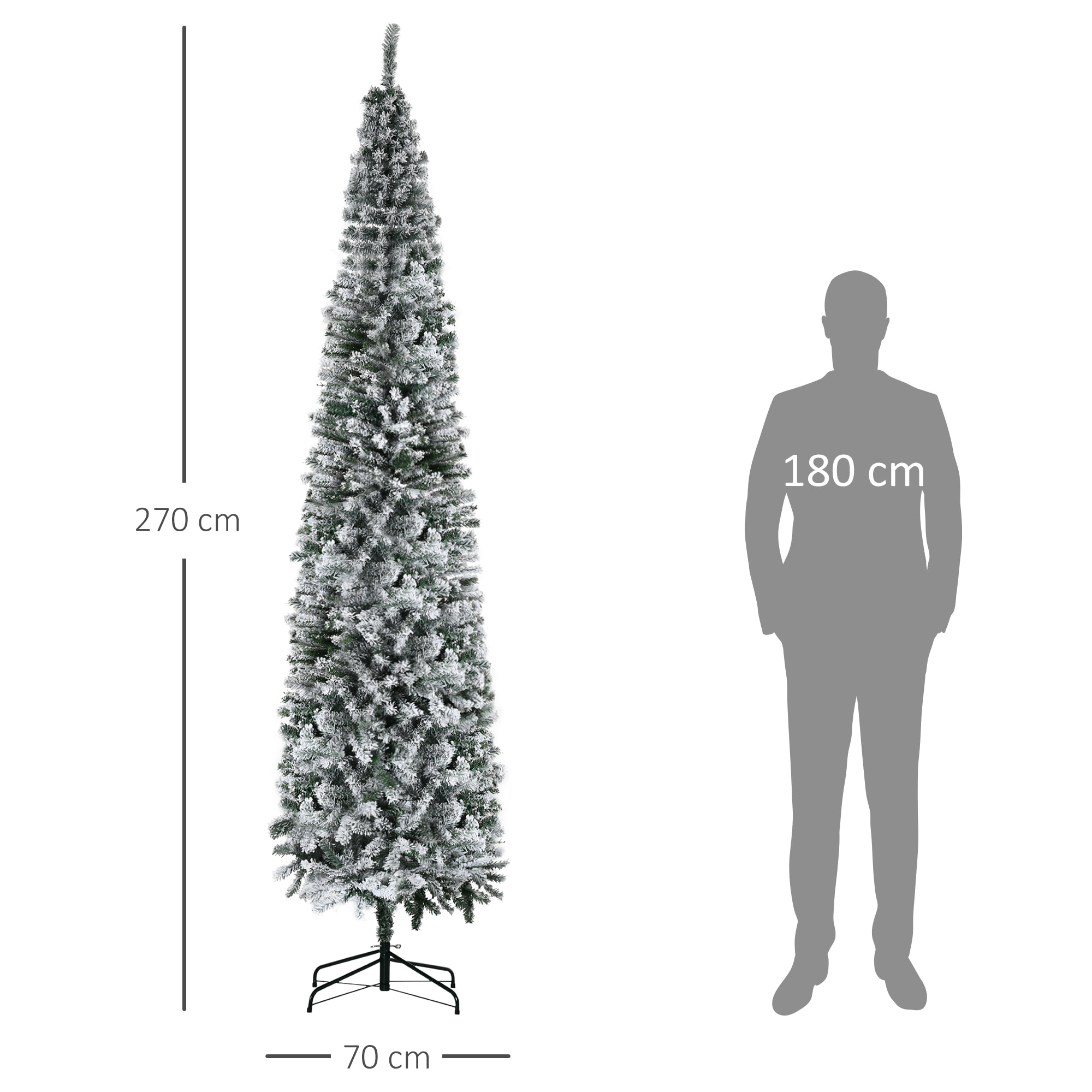 Árbol de Navidad Estrecho 270 cm Árbol de Navidad Artificial Nevado con 1014 Ramas y Soporte de Metal Árbol Navideño para Salón Verde y Blanco
