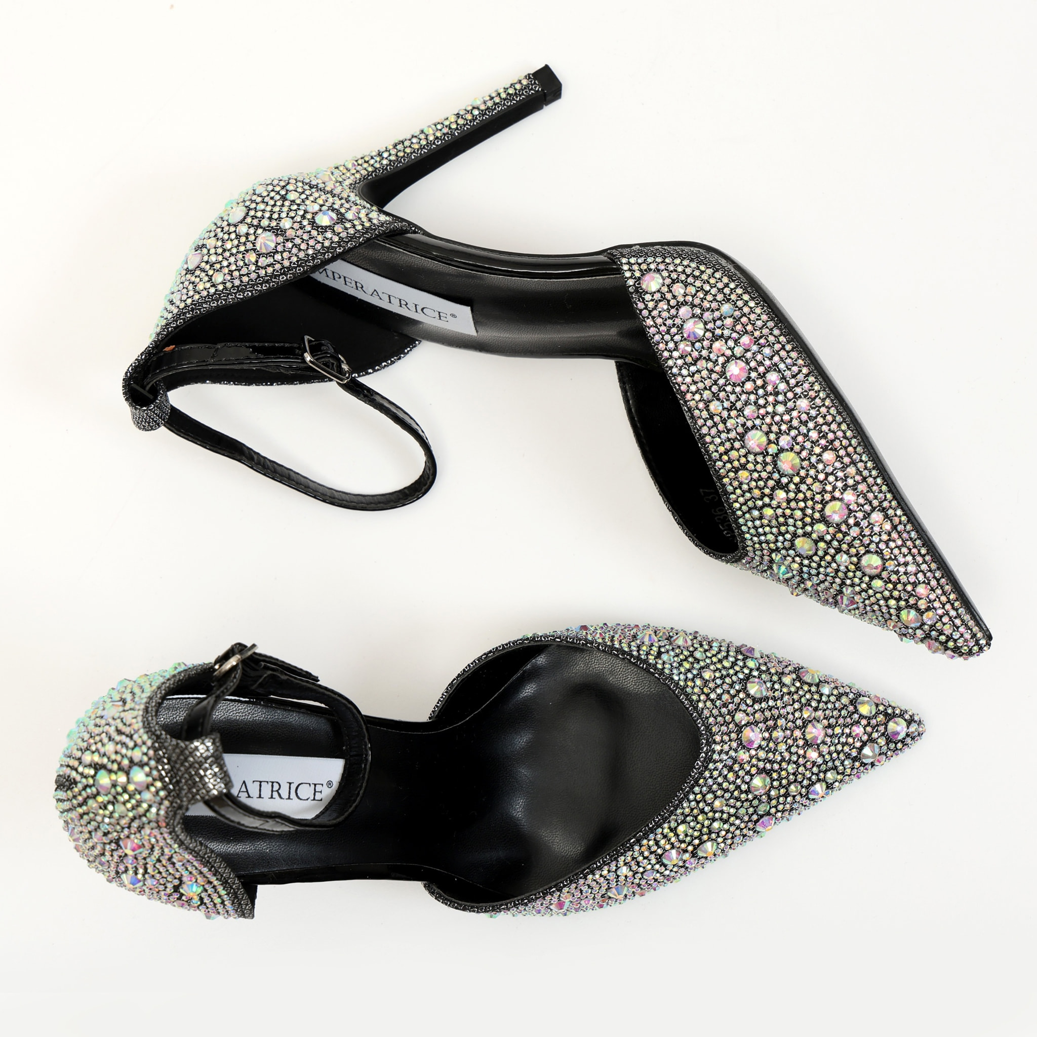 Sandali in simil pelle ricoperti di strass con tacco a spillo