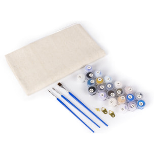 Lienzo con dibujo para pintar con números, de 40x50cm. Diseño torre Eiffel y 2CV. Incluye pinceles y pinturas necesarias.