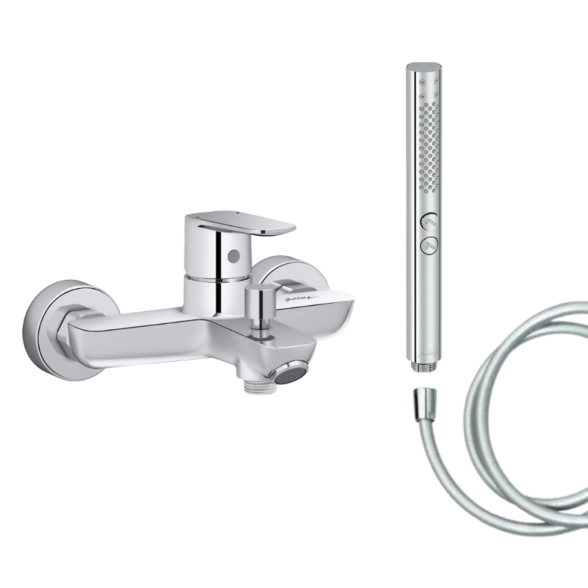 Mitigeur baignoire July+ + pommeau de douche Shift+ rond + flexible de douche lisse
