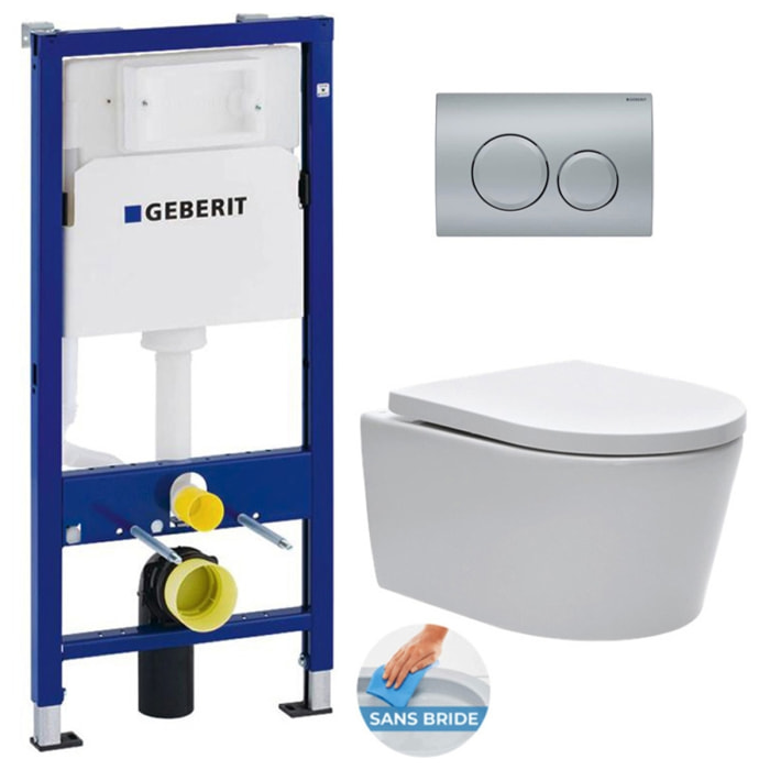 Pack WC sans bride SAT, fixations invisibles + Abattant softclose + Bâti support Geberit UP100 + Plaque chrome mat