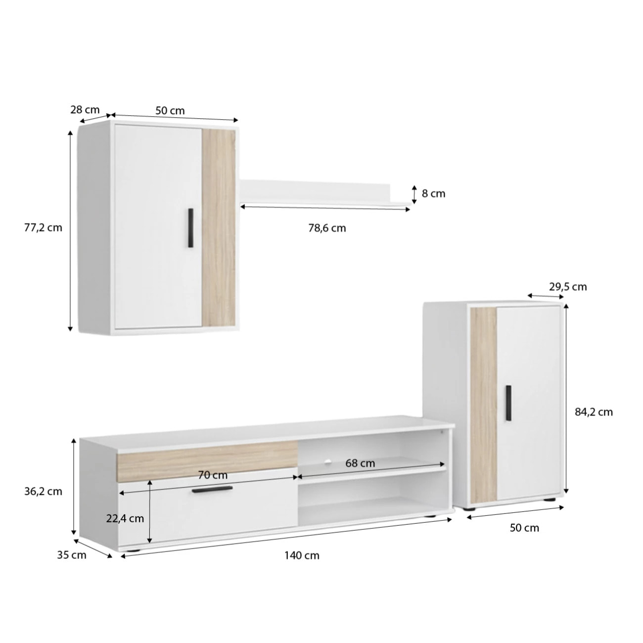 Salón modular con mueble TV en blanco artik y roble canadian 190 cm Lunet Blanco Artik (Blanco Mate) - Roble Canadian