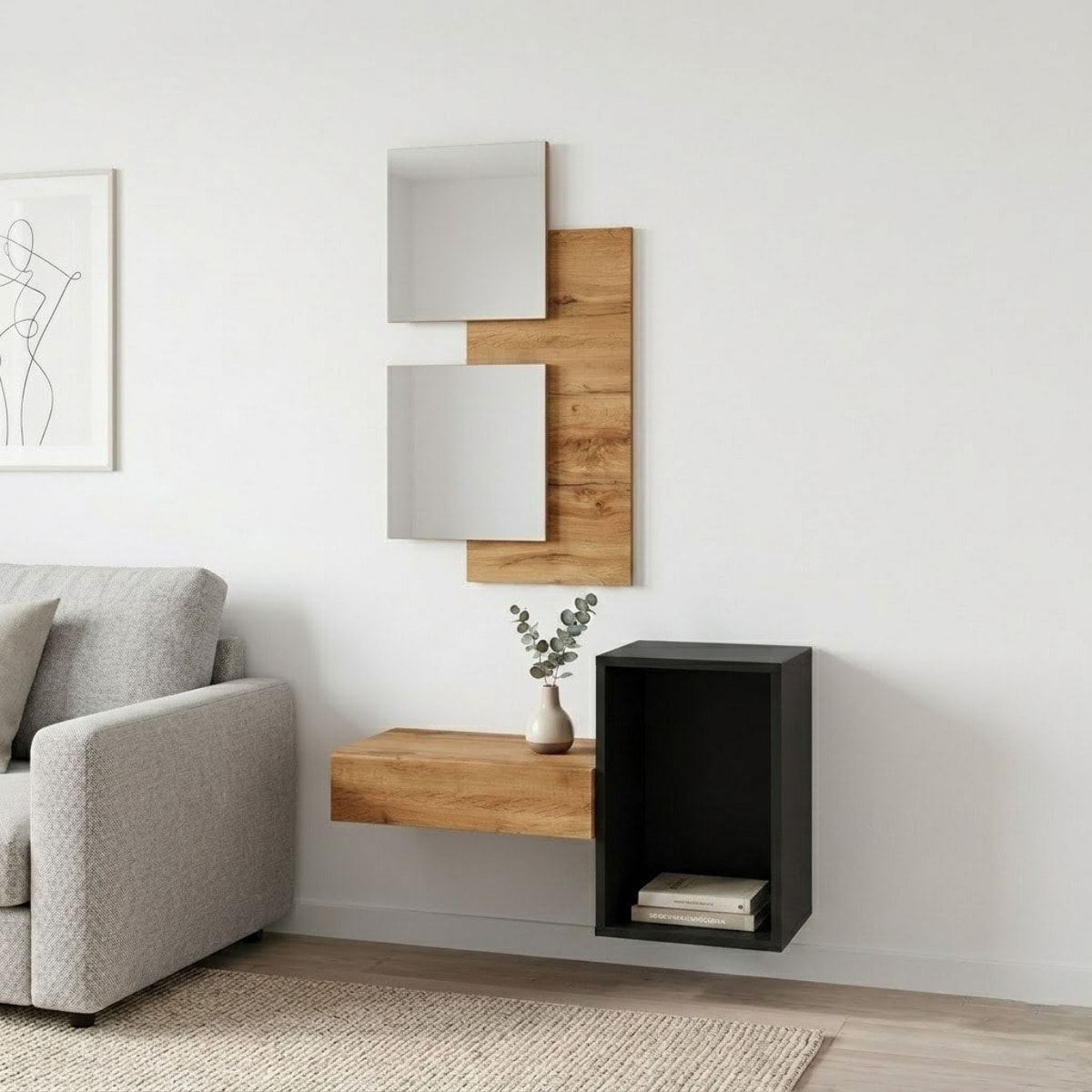 Set Mobile Ingresso Moderno Con Specchi Pensile A Giorno Mensola Con Cassetto Salvaspazio Mobile Da Parete 100 x 170 x 30 Cm Nero E Rovere
