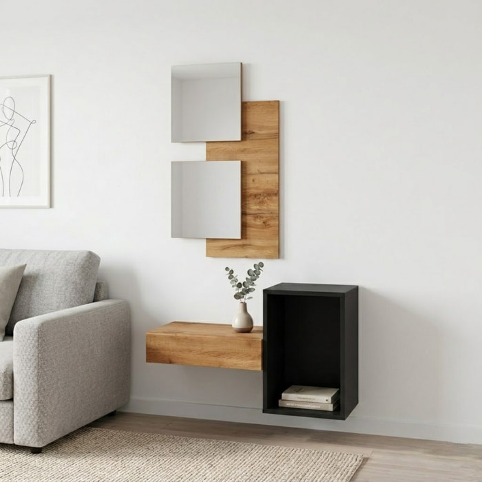 Set Mobile Ingresso Moderno Con Specchi Pensile A Giorno Mensola Con Cassetto Salvaspazio Mobile Da Parete 100 x 170 x 30 Cm Nero E Rovere