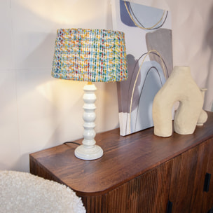 Lampe à poser en bois blanc et abat jour en tissu h39cm  ROMY