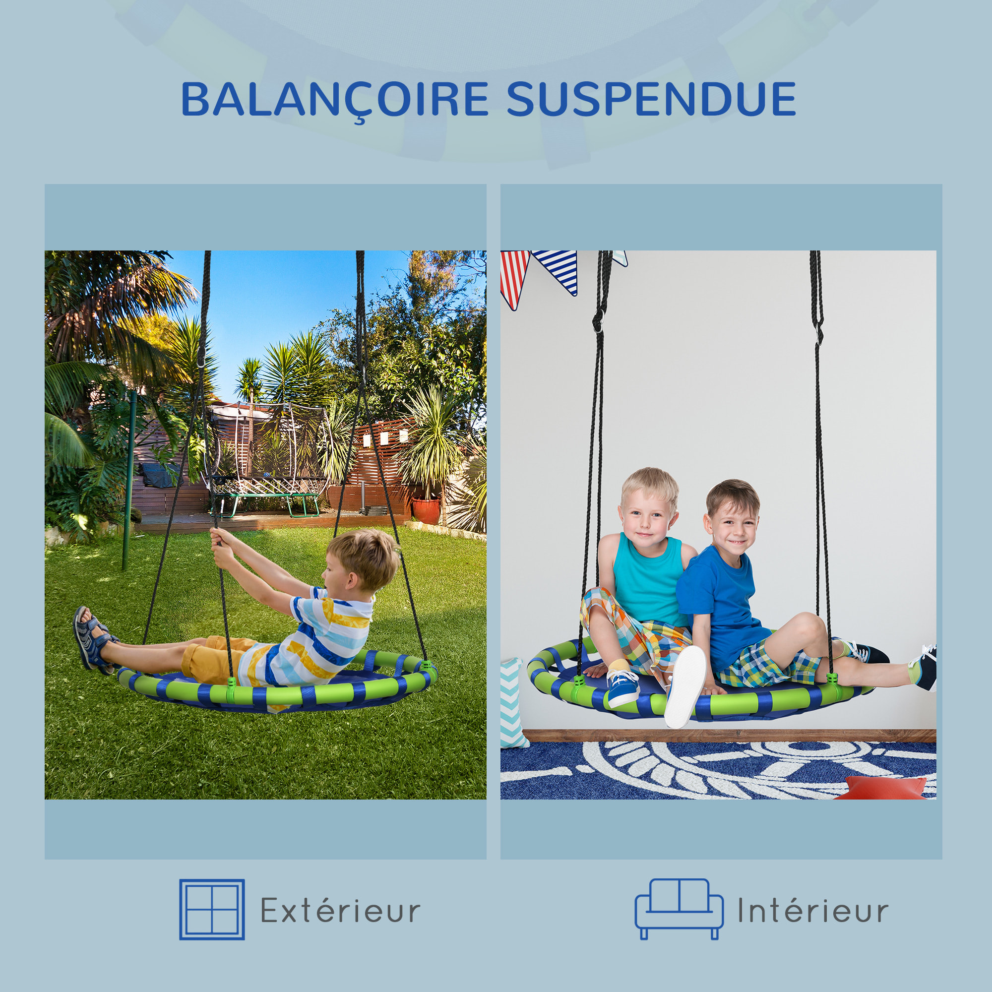 Balançoire nid d'oiseau ronde balançoire panier Ø 100 x 120-180H cm accessoires inclus bleu vert