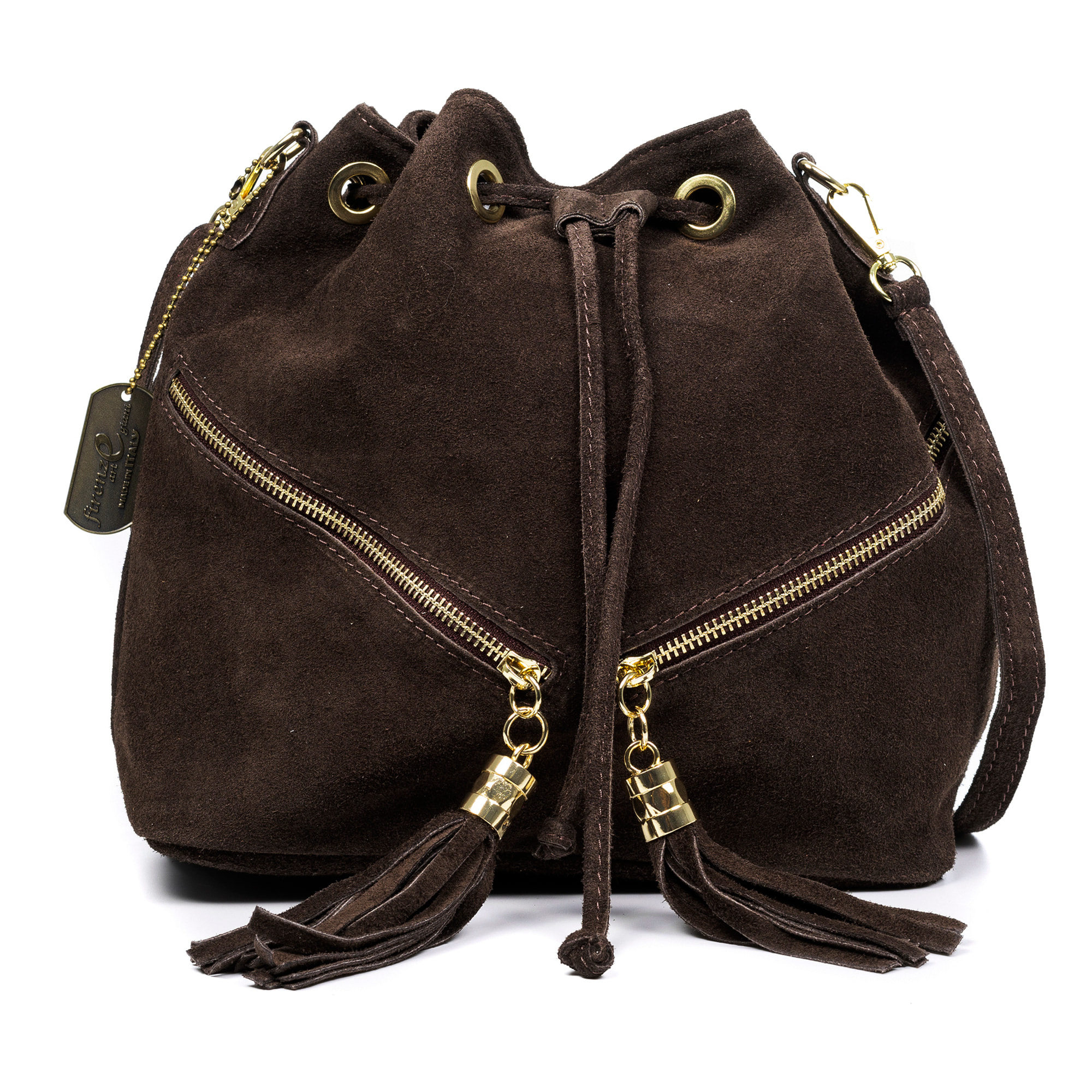 Arzene bolso bandolera piel auténtica gamuza. Diseño fruncido y borlas en el frontal