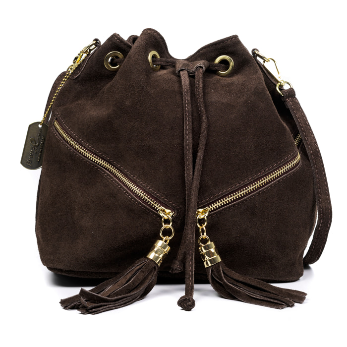 Arzene bolso bandolera piel auténtica gamuza. Diseño fruncido y borlas en el frontal