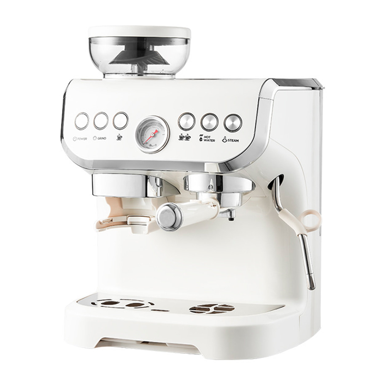 Cafetera espresso con molinillo integrado, 20 bar de presión y depósito de 2 L. Permite moler y preparar café al momento, con vara de vapor y controles sencillos.