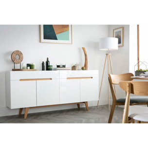 Buffet scandinave blanc brillant et finition bois clair 4 portes 2 tiroirs L180 cm MELKA