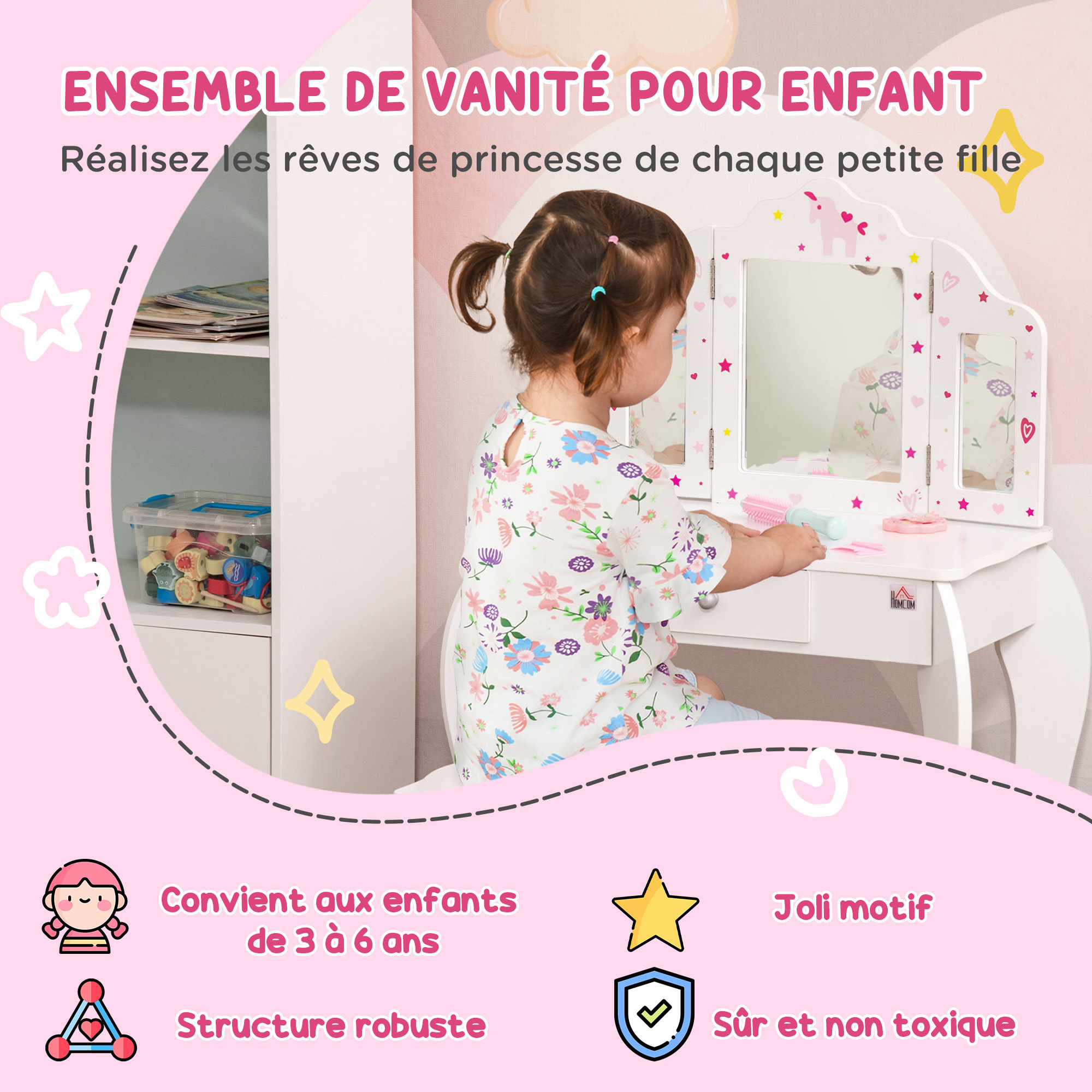 Coiffeuse enfant avec tabouret, miroir triptyque et tiroir coulissant - coiffeuse dim. 63L x 40l x 85,5H cm - MDF blanc, rose