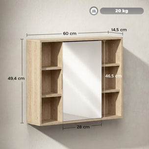 Armoire miroir salle de bain porte 4 étagères latérales 2 étagères intérieures effet bois clair naturel
