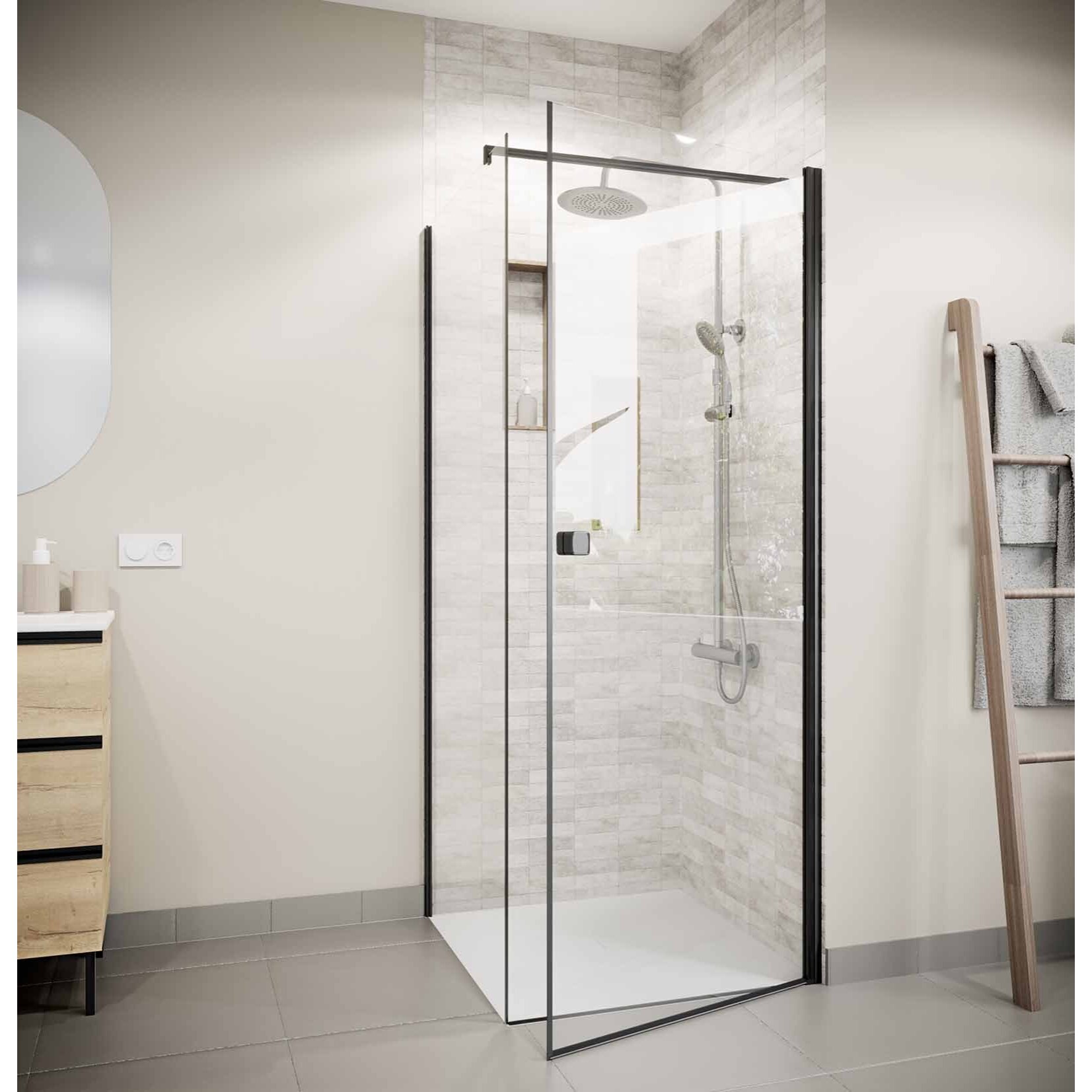 Retour pour Porte de Douche 80x195cm Verre Trempe 8mm Anticalcaire - Alu Noir - DARK ELEMENTARY