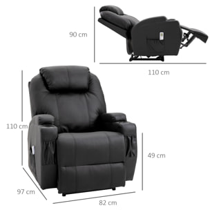 Fauteuil luxe de relaxation et massage inclinaison dossier repose-pied électrique revêtement synthétique noir