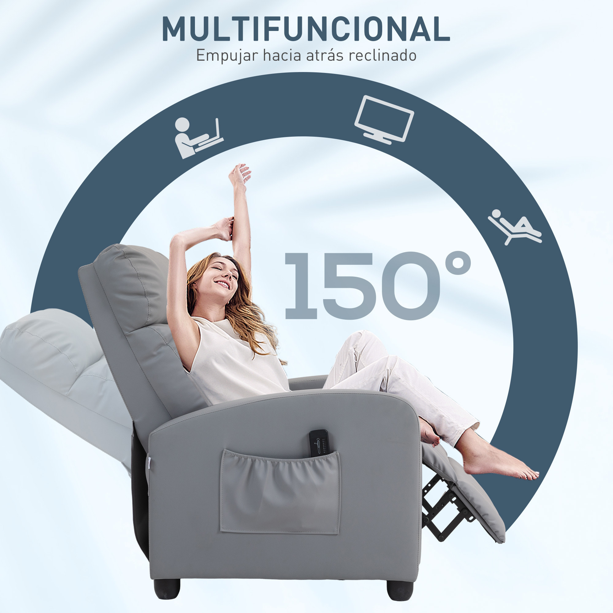 Sillón de Masaje Sillón Relax Reclinable con Mando a Distancia 2 Zonas de Masaje 8 Programas 5 Niveles de Intensidad 1 Bolsillo Lateral y Temporizador Tapizado en PU 68x88x98 cm Gris Claro