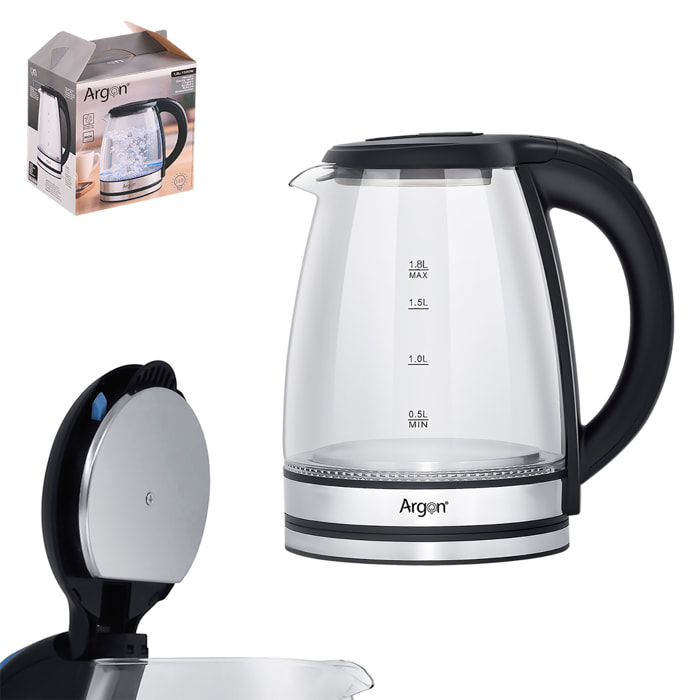 Bollitore in acciaio e borosilicato con luci LED. 1500W e 1,8L di capacità.