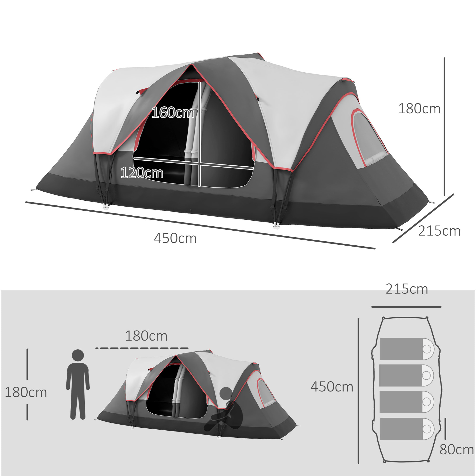 Tienda de Campaña Familiar para 6-8 Personas Tienda de Camping Plegable con 2 Habitaciones y Bolsa de Transporte Impermeable para Senderismo 450x215x180 cm Gris