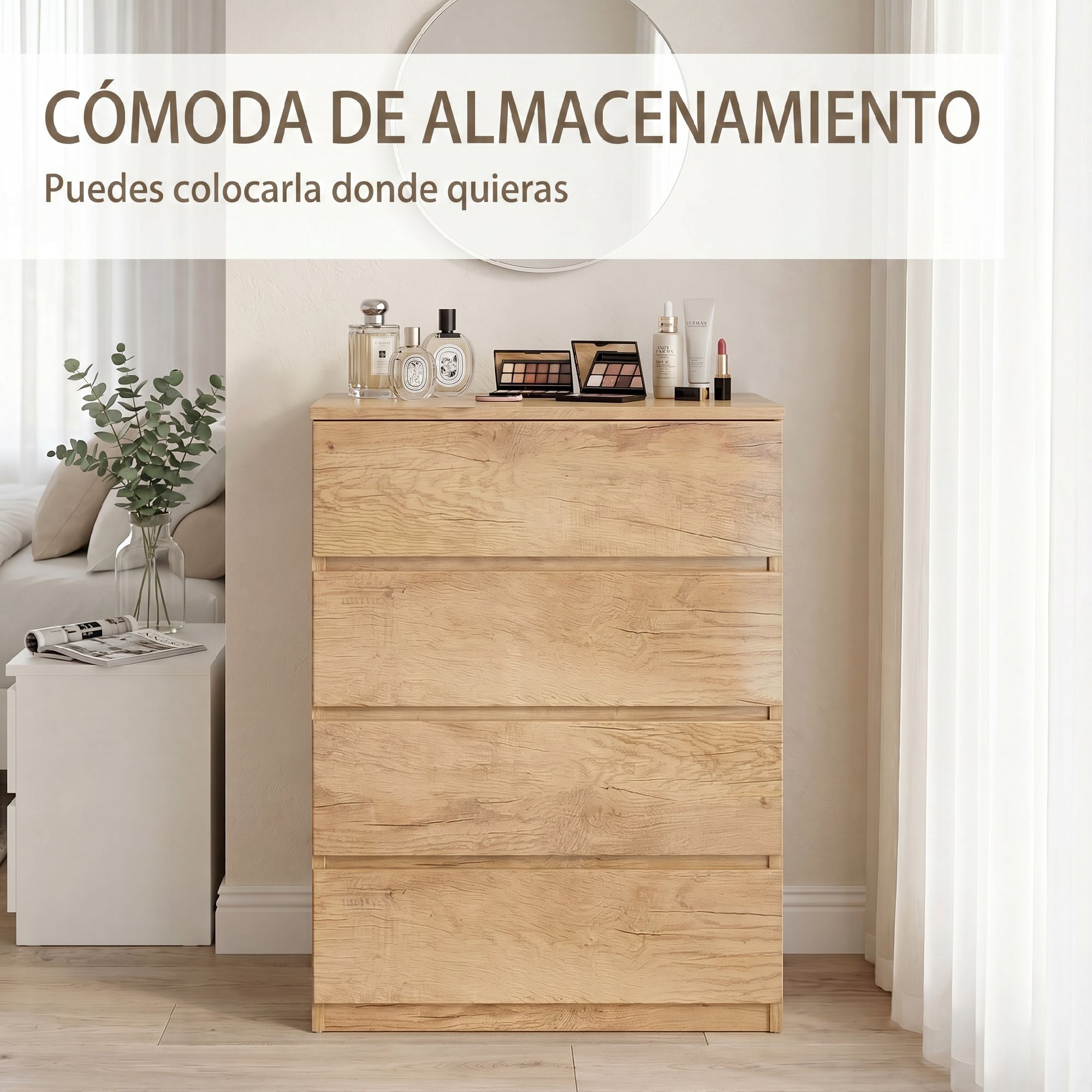 Cómoda 4 Cajones, Cómoda Dormitorio Moderna, Sinfonier, Diseño sin Tiradores, Cajonera para Sala de Estar, Comedor, Entrada, 60x40x80 cm, Madera Natural
