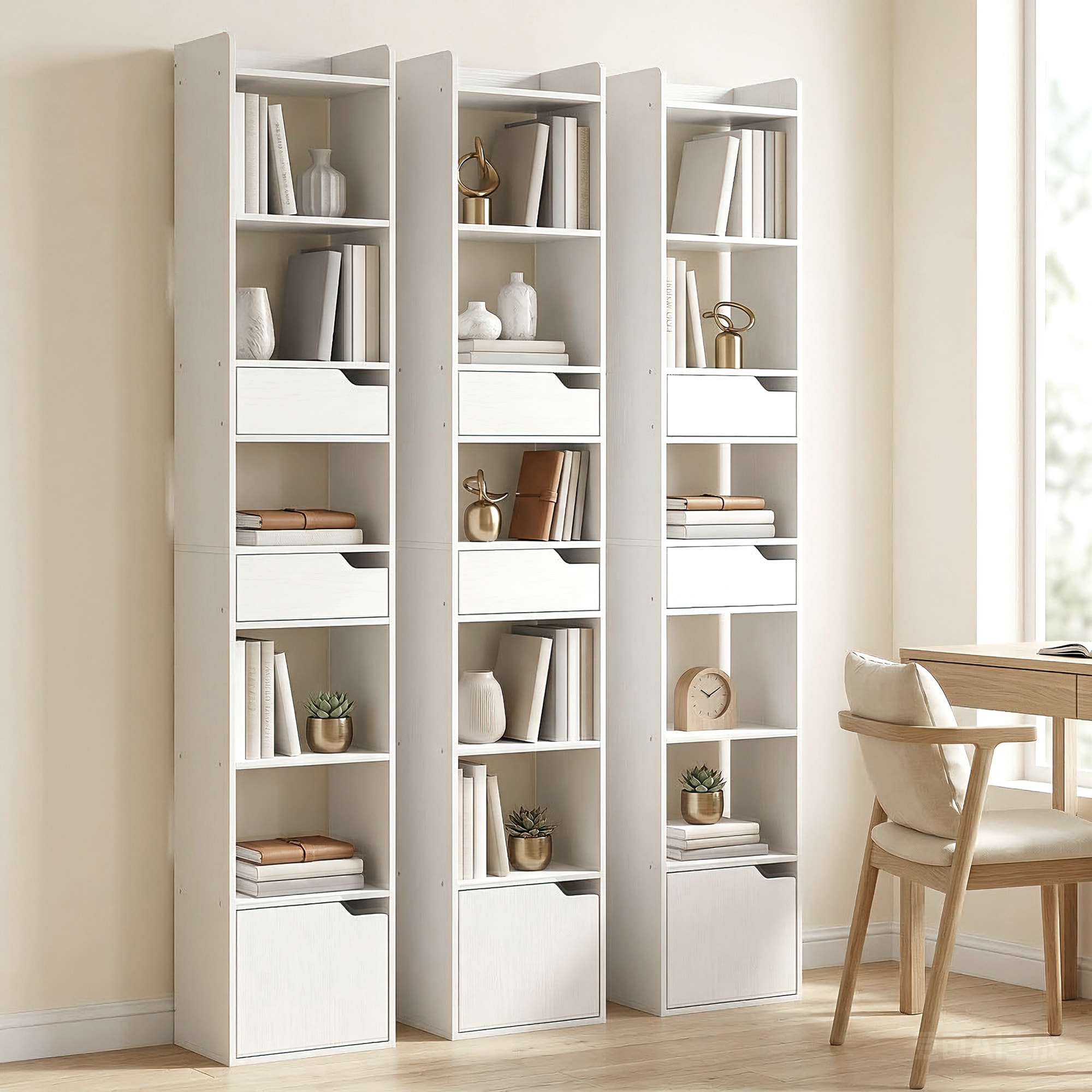 Estantería para Libros con 2 Cajones y Puerta, Librería Estrecha con 6 Estantes Abiertos, Armario Alto para Salón, Estudio, Oficina, 32x24x181,5 cm, Blanco