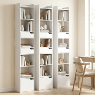 Estantería para Libros con 2 Cajones y Puerta, Librería Estrecha con 6 Estantes Abiertos, Armario Alto para Salón, Estudio, Oficina, 32x24x181,5 cm, Blanco