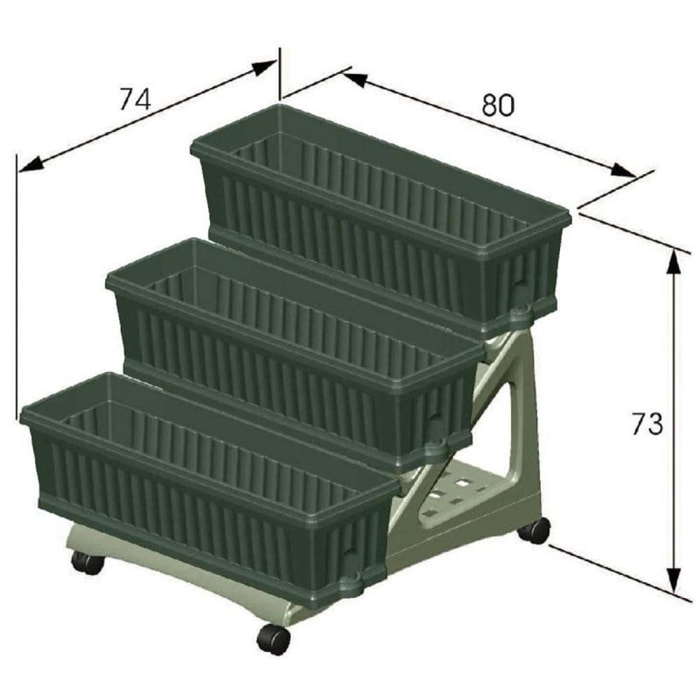Orto Easy - Kit di 3 fioriere da 80 cm con sottovaso e carrello a 3 livelli Colore verde. Made in Italy