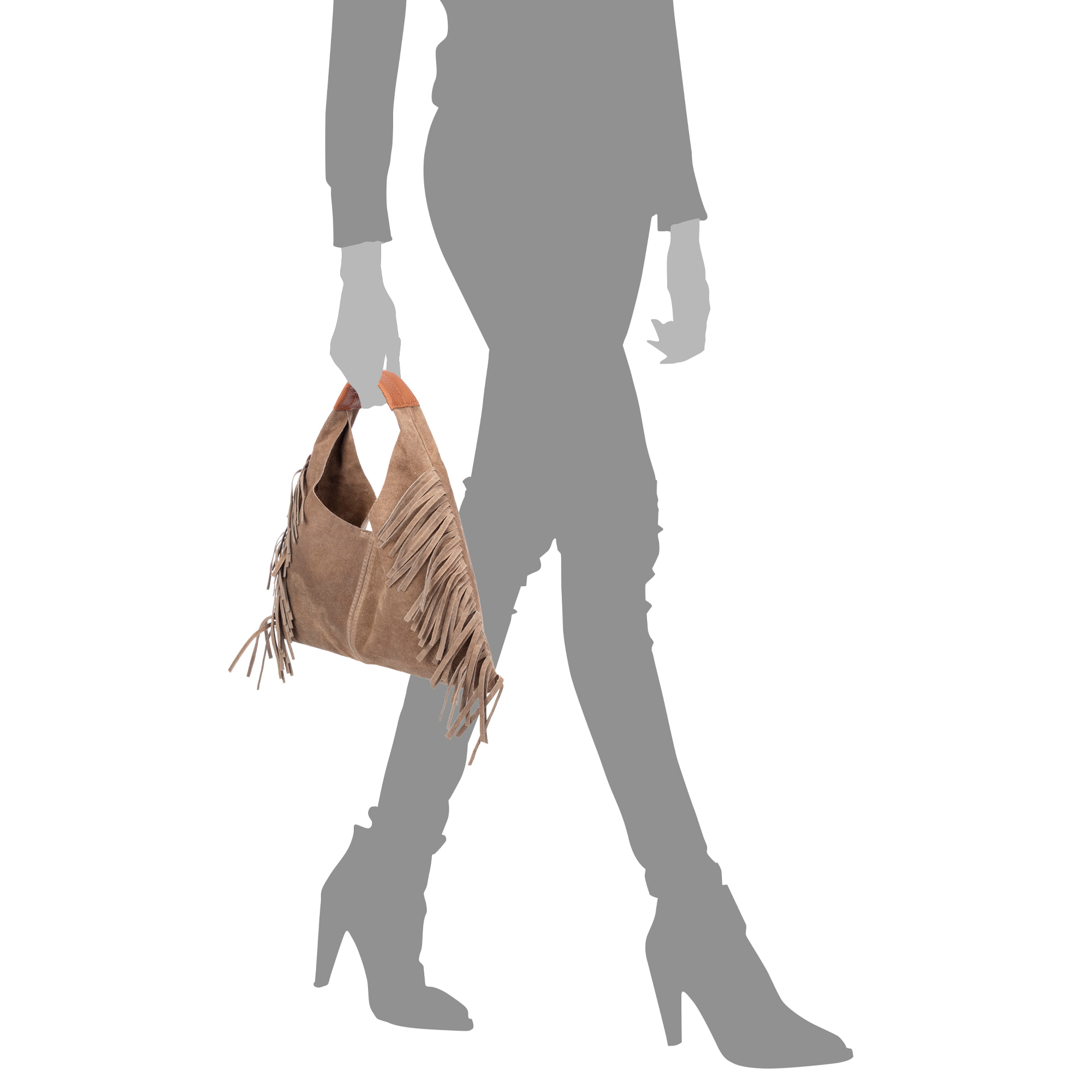 Balmuccia bolso de mano mujer. Piel auténtica gamuza, con flecos.