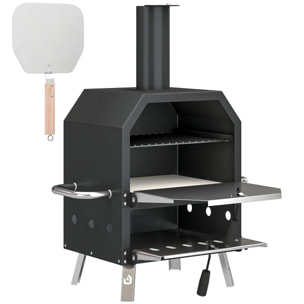Four à pizza extérieur bois et charbon fumoir 2 étages pierre réfractaire pelle