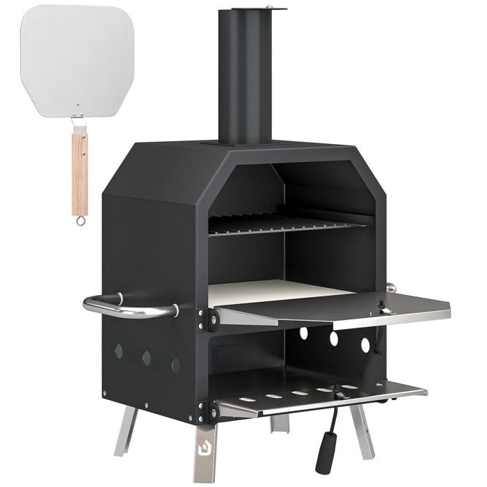 Four à pizza extérieur bois et charbon fumoir 2 étages pierre réfractaire pelle