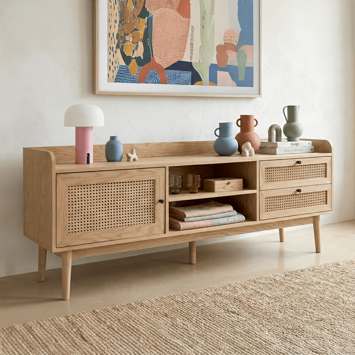 Meuble TV 1 porte 2 tiroirs en cannage et bois - EDEN