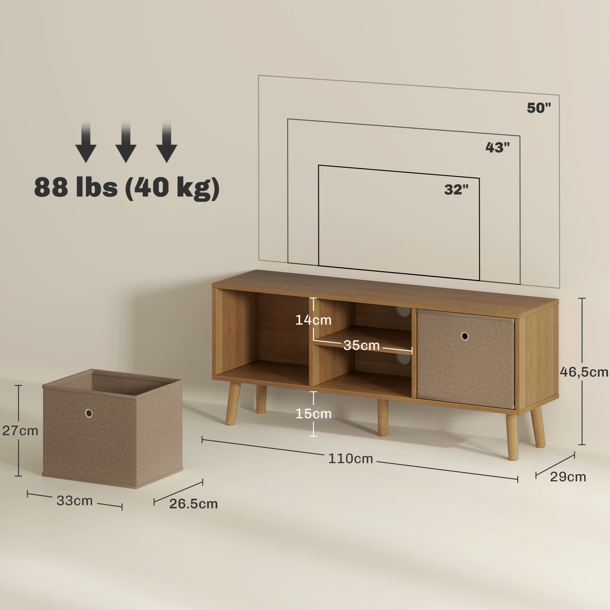 Mueble de TV, Mesa de TV con 2 Cajones de Tela, 2 Estantes Abiertos, Orificios para Cables, para Televisores hasta 50 Pulgadas, Largo de 110 cm, para Salón, Dormitorio, Madera y Marrón